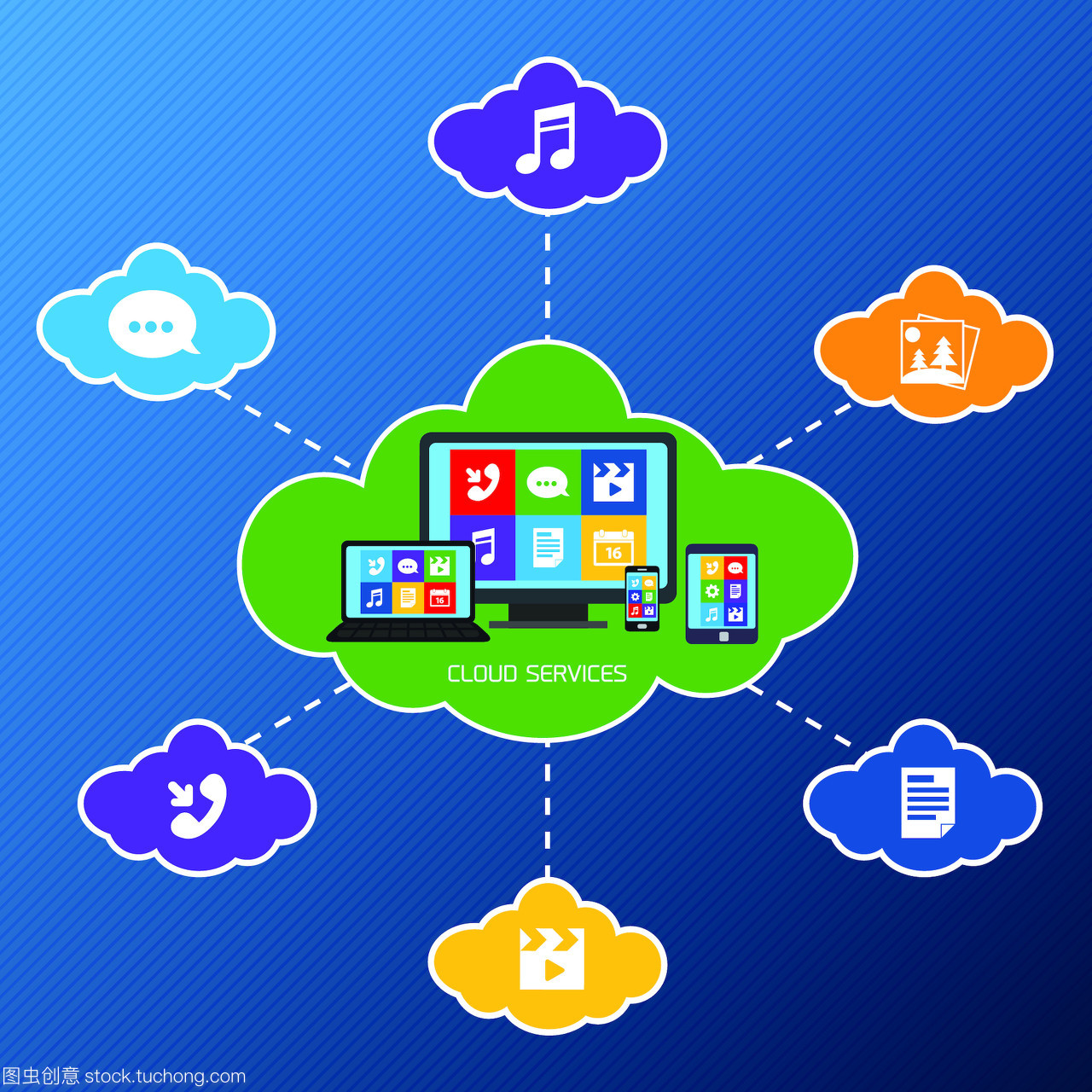 移動電話服務網絡概念與平云技術應用程序圖標組向量插圖在電腦動畫設計中的應用